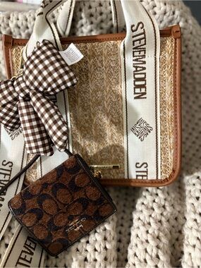 Steve Madden Straw Tote with Branded Cream Strap and Tan Trim